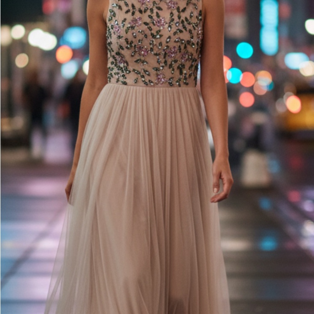Adrianna Papell Blush and Silver Embellished Prom Dress